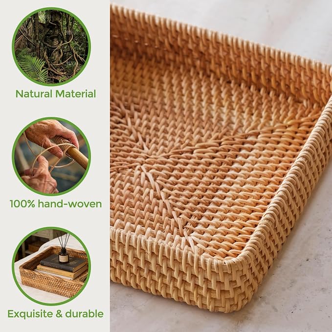 Wicker Storage Tray, Rattan Basket Rectangular for Bathroom Living Room, Decorative Serving Woven Trays Wicker Baskets for Organizing Home Decor L(15.7" × 11")