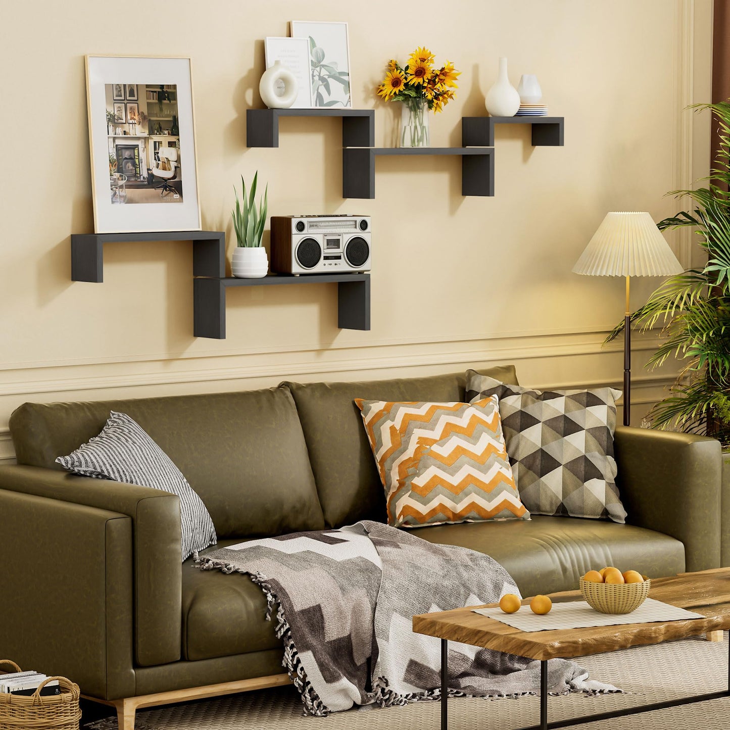 SRIWATANA Floating Shelves for Wall, Wall Shelves for Bathroom, Bedroom, Living Room, Kitchen, Office, Wood Shelves for Home Decor Set of 5 (Weathered Black)
