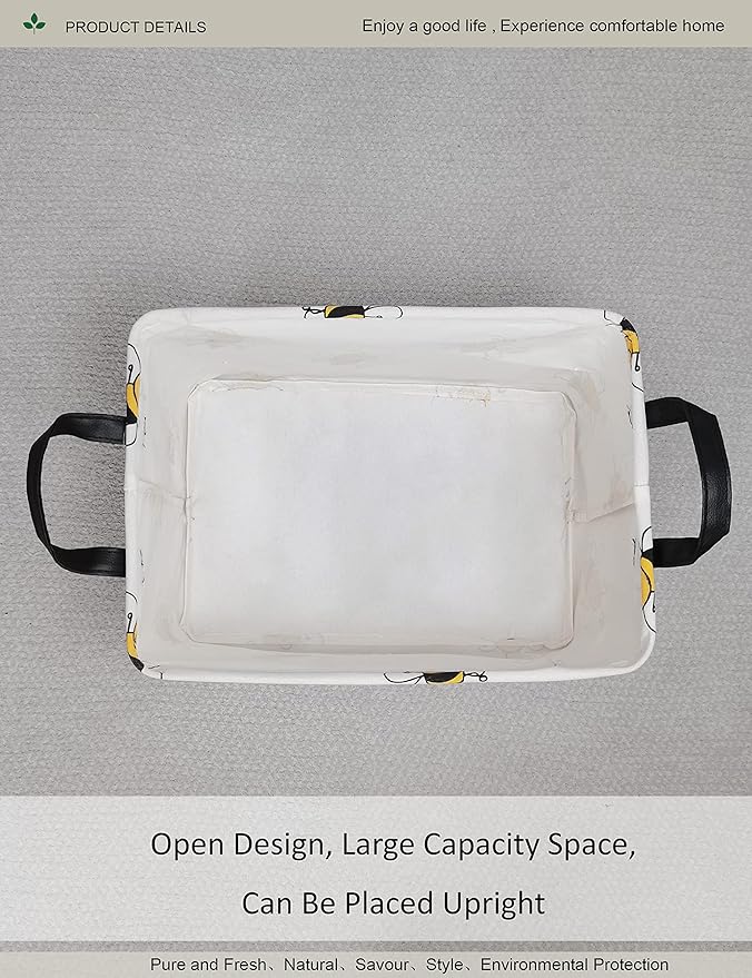 Rectangular Bee Pattern Storage Bin, Decorative Canvas Laundry Basket with Dual Handles, Foldable Toy & Household Organizer, Multipurpose Party Gift Basket for Home Bedroom Dorm(Bee)