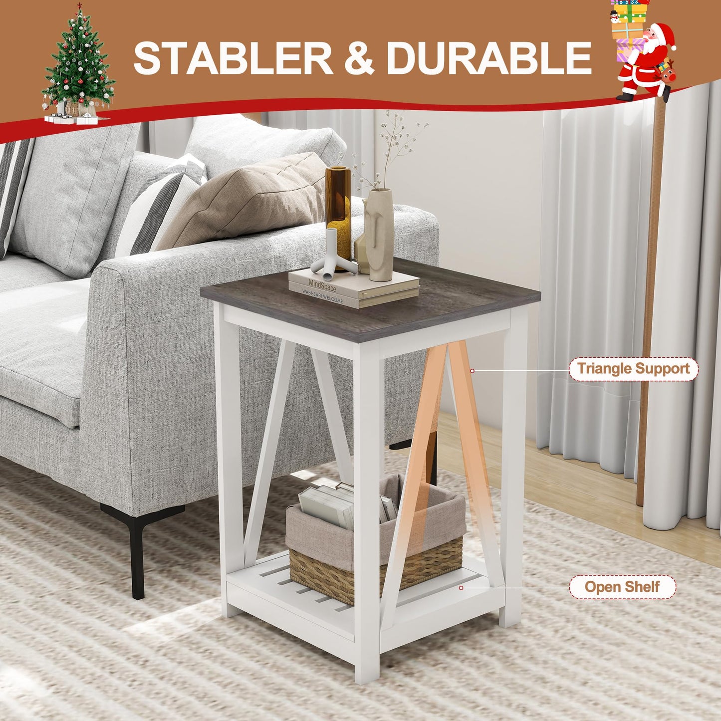 UYIHOME Farmhouse Square End Table, Accent Side Table with Slats Design, Sofa Side Table with Sturdy Frame for Living Room, Dark Grey