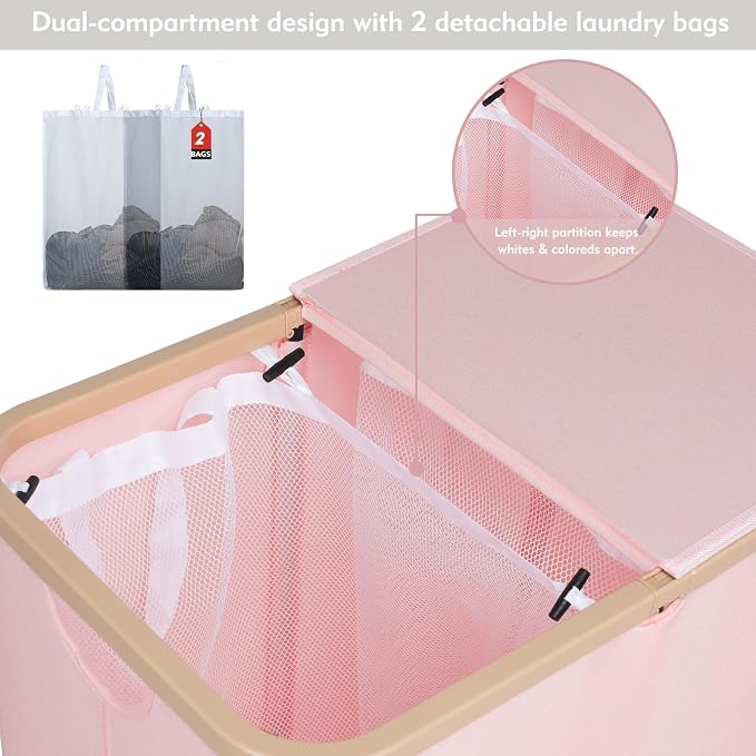 DOKEHOM 160L Extra Large Laundry Hamper with Lid, 2-Section Double Laundry Basket with Removable Mesh Liner Bags, Collapsible Clothes Sorter for Family, Bedroom, Laundry Room, Pink