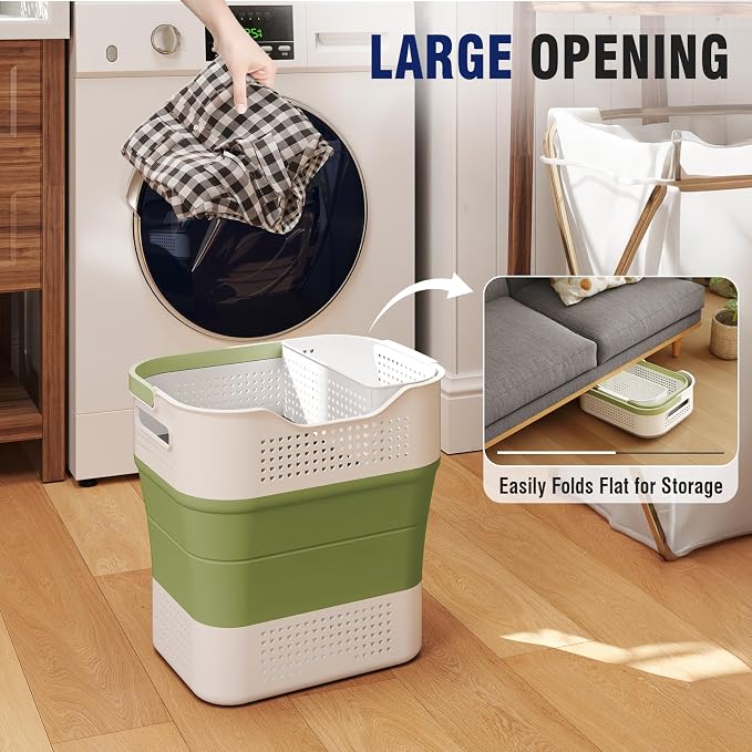 TECHMILLY Collapsible Plastic Laundry Basket Hamper with Handles, 35L Portable Rubber Clothes Basket, Pop Up Storage Container/Organizer with Hanging basket for Washing & Storage, Green