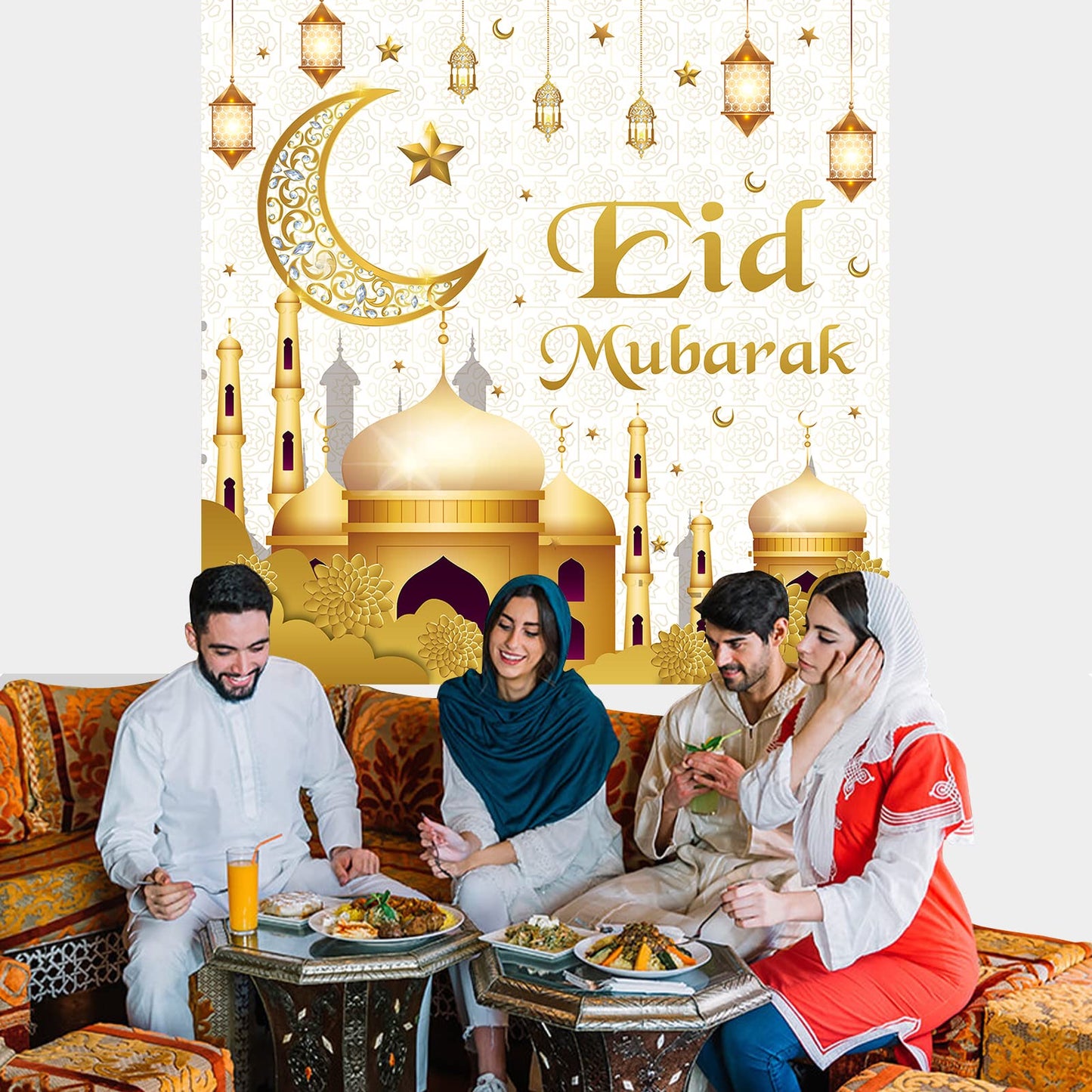 Eid Mubarak Decorations - 70PCS White Gold Ramadan Confetti Balloons with Mubarak Moon Star Foil Balloon, Backdrop for Party Supplies, Eid Decorative Banner for al-Fitr and al-Adha Decor