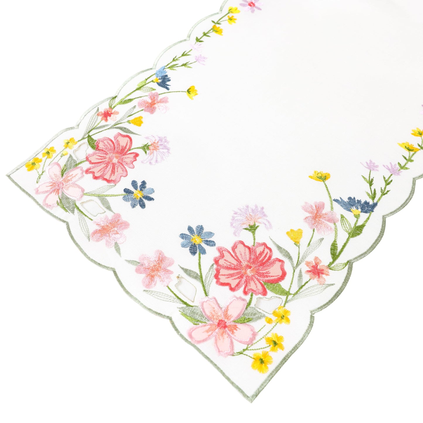 Chlophy Spring Table Runner Embroidered Wildflower Scalloped Small Floral Table Runner Farmhouse Short Flower Runner for Coffee Table Dining Decoration 36 inch Beige