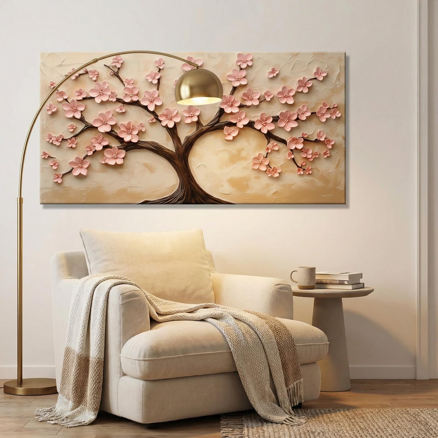 BirdSuite 3D Pink Cherry Blossom Tree Wall Art, Canvas Print Wall Decor for Living Room, Modern Floral Painting, Ready to Hang-58x29 Inches