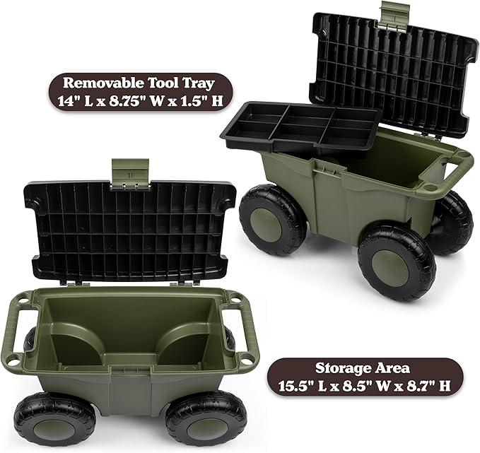 Pure Garden Rolling Garden Cart with Seat - Plastic Storage with Bench and Interior Tool Tray - Gardening Stool for Weeding and Planting (Green)