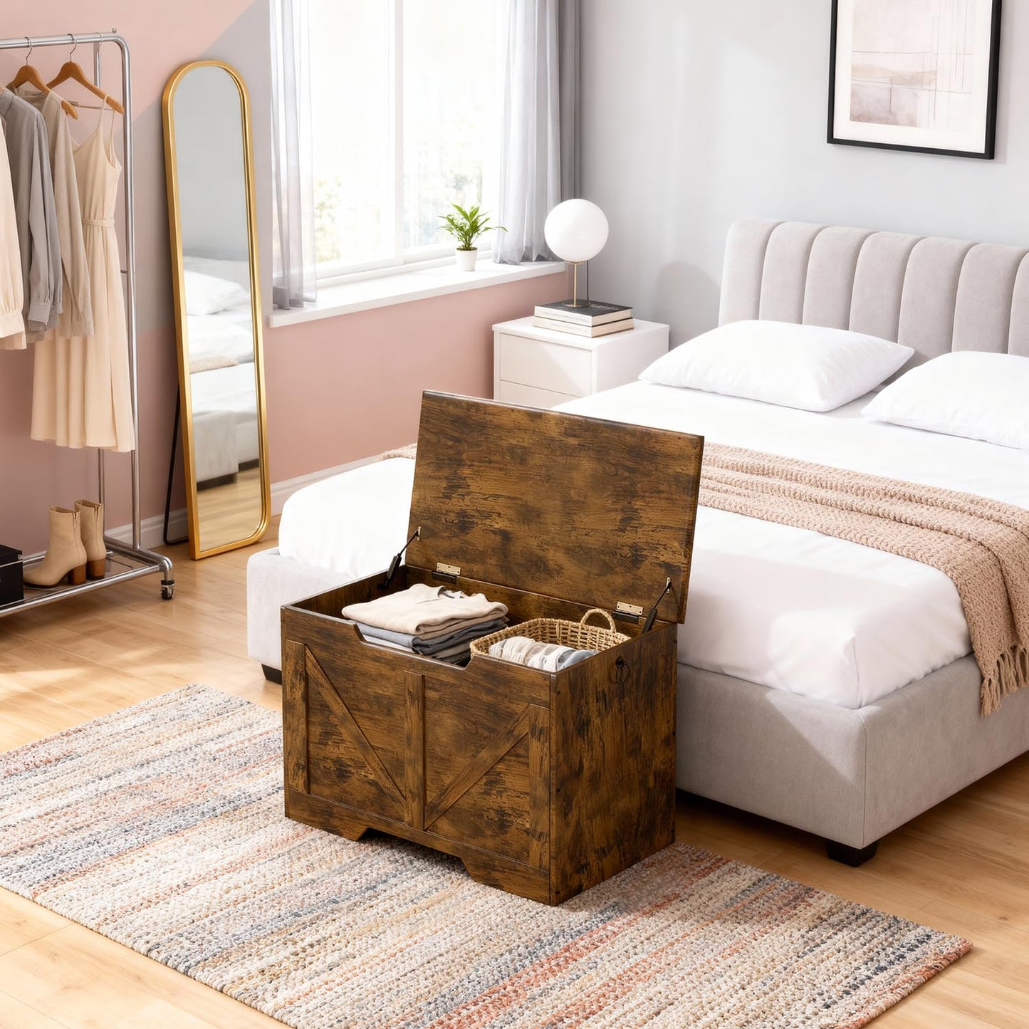 FDW 29.5 Inches Storage Bench, Retro Wooden Storage Benches with Safety Hinge, Entryway Storage Bench Supports 300 lb, Toy Chest Organizer, Easy Assembly for Entryway, Living Room, Brown