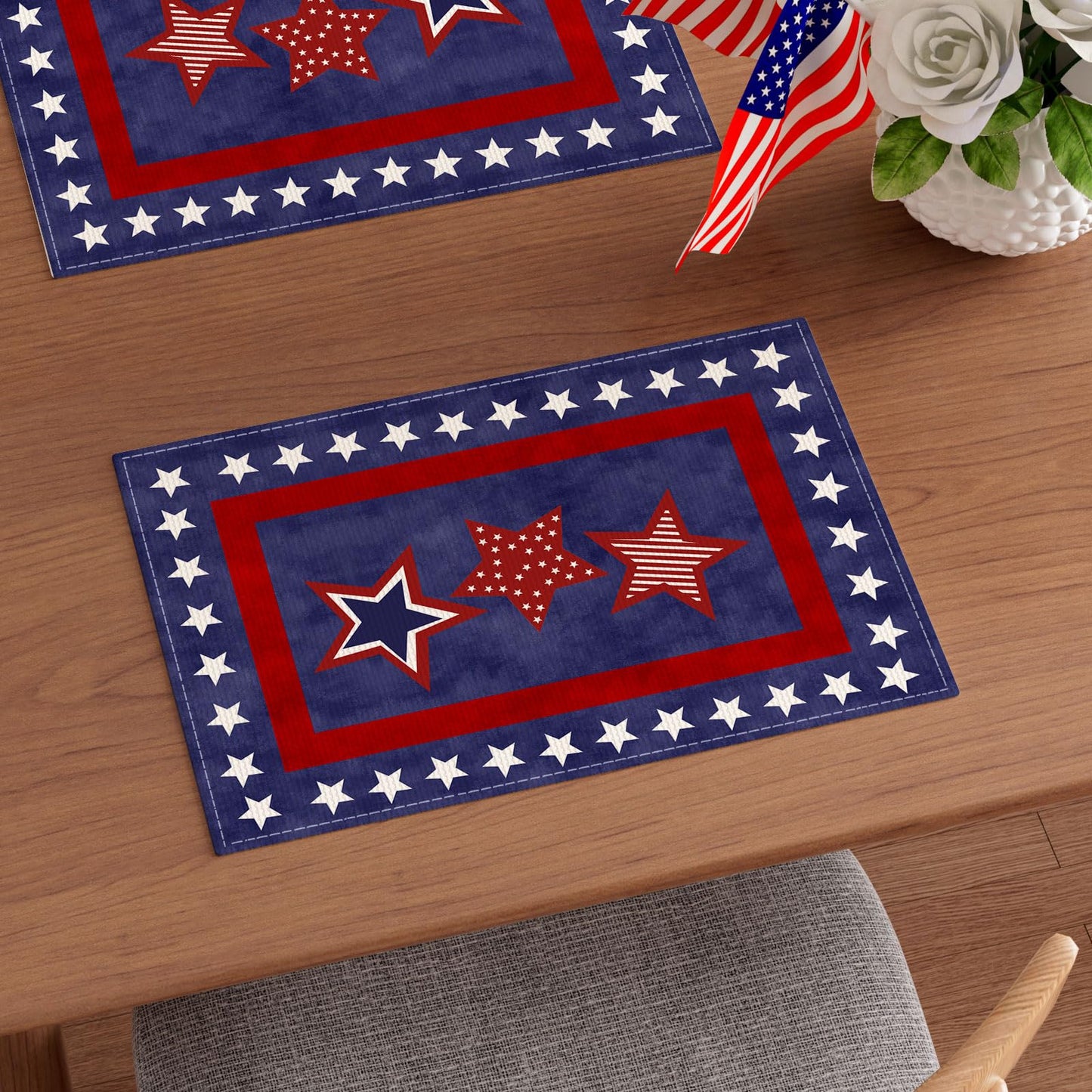 XCHI Blue Patriotic Red White Stars America 4th of July Memorial Day Independence Day Placemats Set of 4 Table Mats Decorations 12x18 Inch