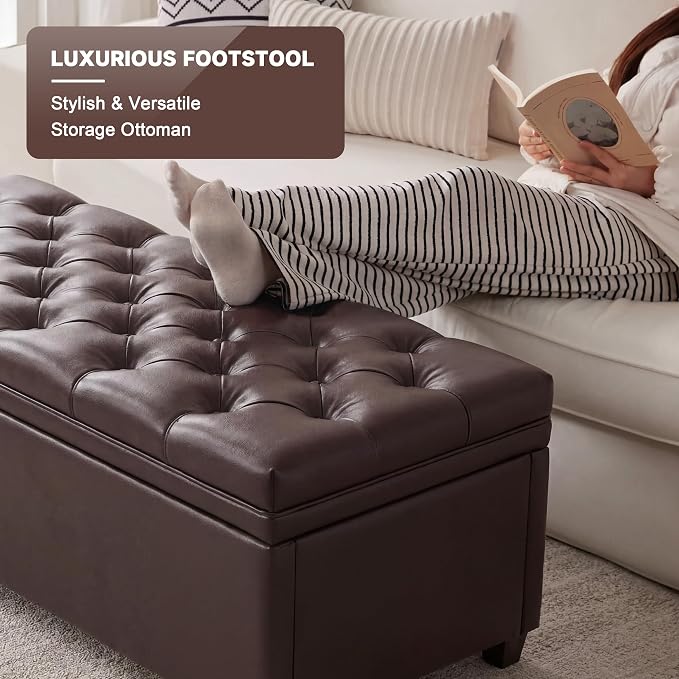 Mangodan 43" Storage Ottoman Bench, Tufted Ottoman with Storage for Living Room, Large End of Bed Ottomans, Modern Entryway Benchs, Window & Bedroom Benches for Foot of Bed (Faux Leather Dark Brown)