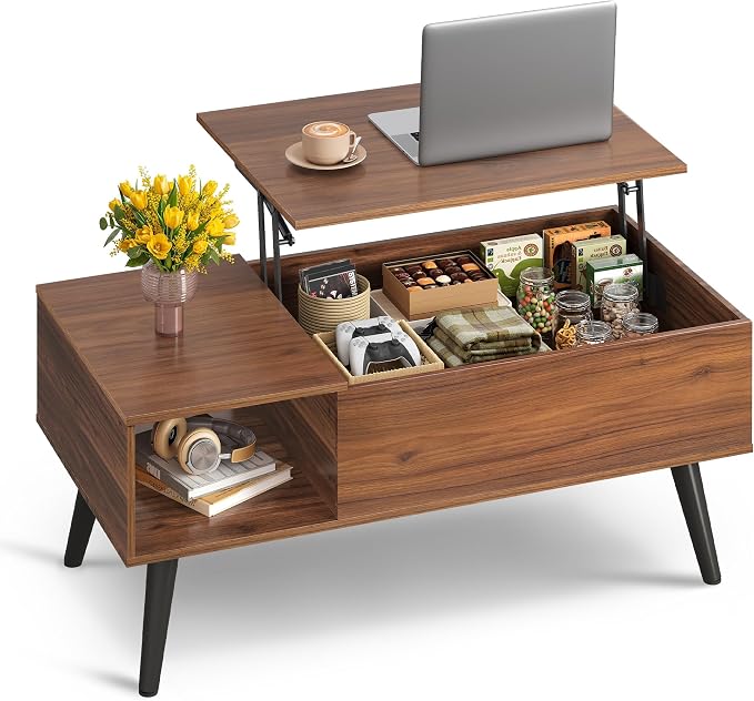 WLIVE Coffee Table for Living Room, Lift Top Coffee Table with Storage, Small Rising Wooden Dining Center Table with Storage Shelf & Hidden Compartment, 39" Brown
