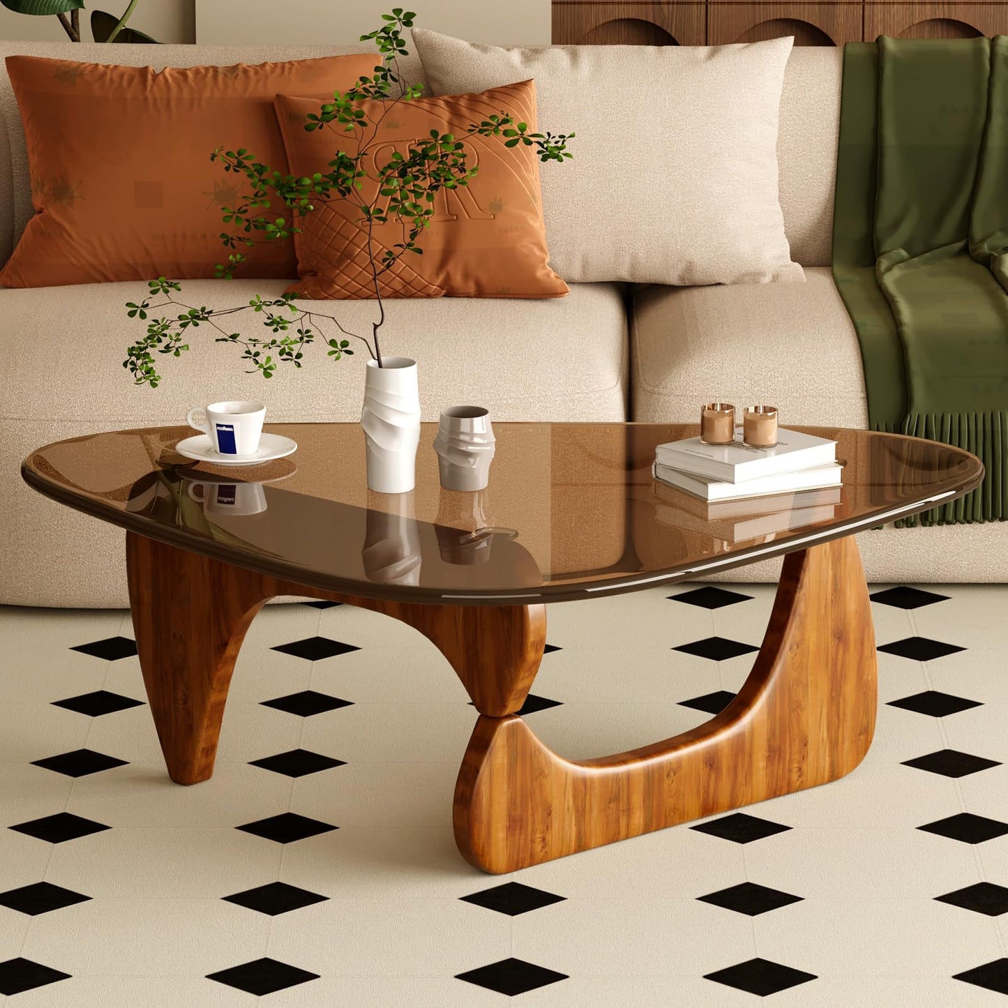 JCAJCA Coffee Table for Living Room Mid Century Modern Center Table with Glass Top and Wood, Brown/Walnut