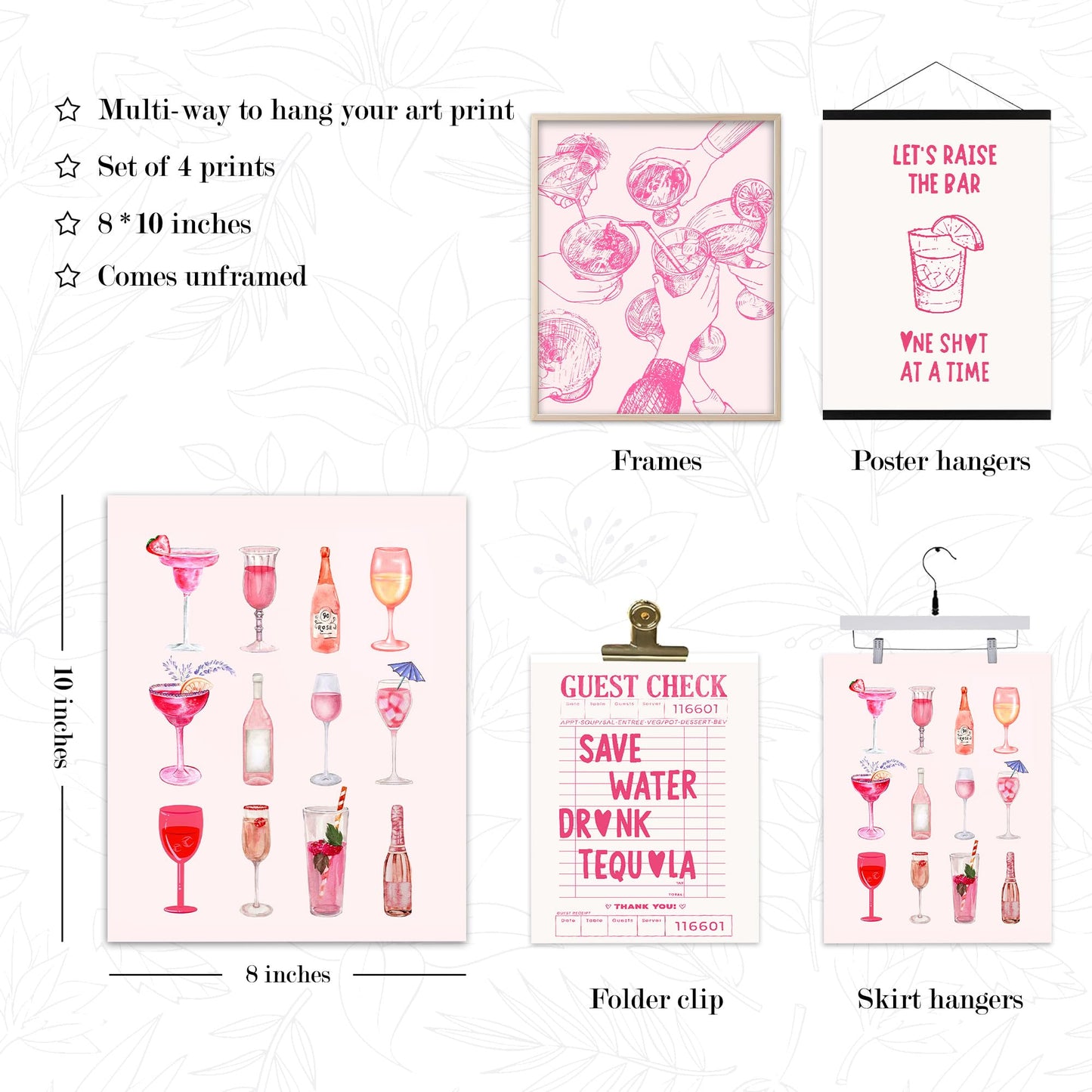 BearCake Pink Bar Wall Decor, Funky Preppy Champagne Cocktail Girly Poster Wall Art for Home Bar Cart Lounge Club Girls Room Apartment Decor Posters, 11x14 Inches UnFramed