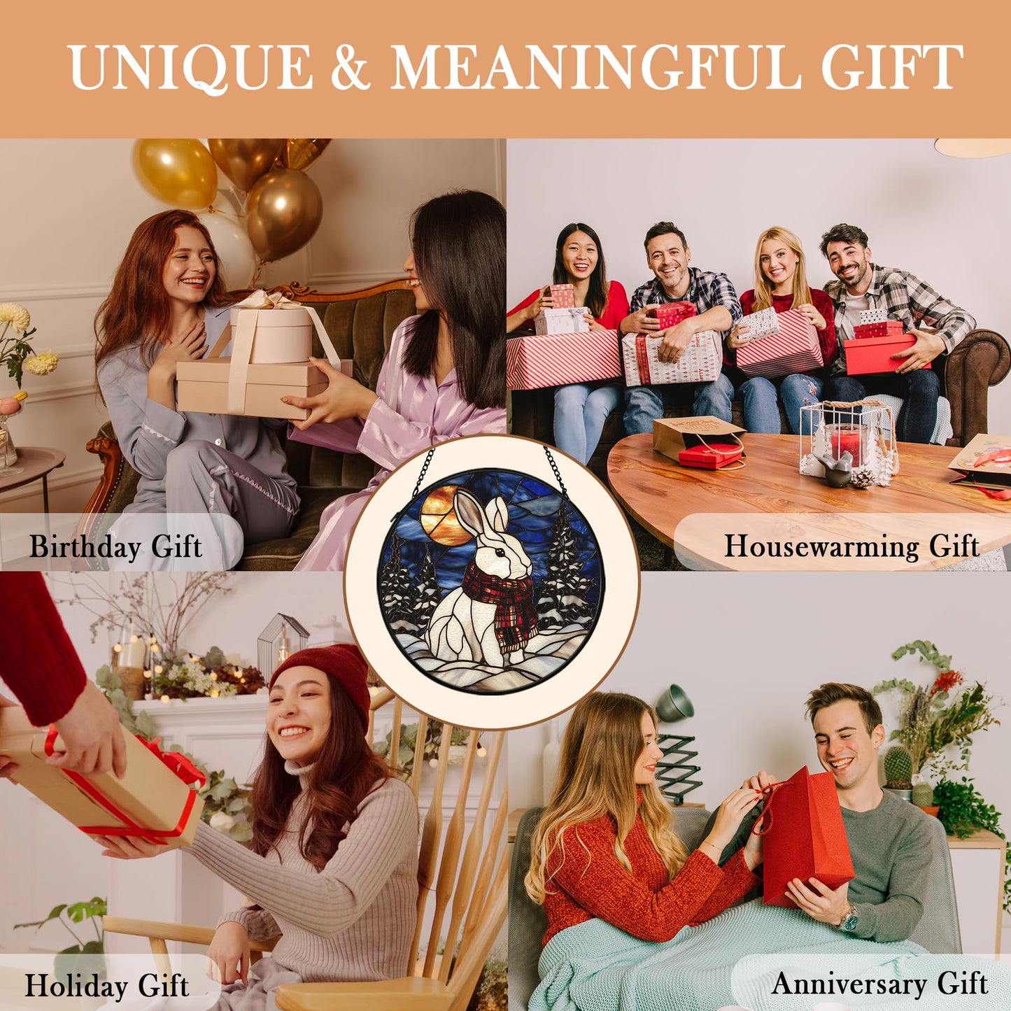 cvjutf Winter Christmas Bunny Suncatcher Stained Glass Window Hanging Decorstions, Nature Landscape Stained Glass Wall Decor, Winter Solstice Gifts, Forest Garden Lawn Sun Catchers Art, 7.9x7.9Inch
