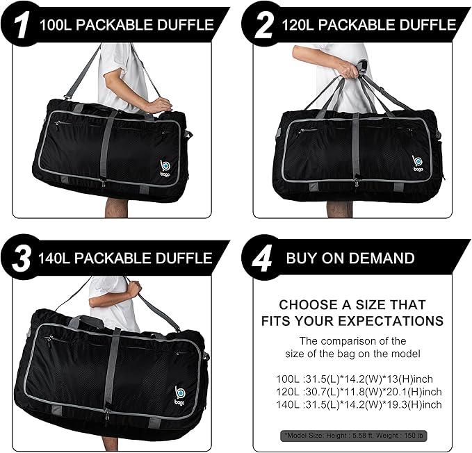 Bago Large Foldable Duffel Bags for Traveling Women & Men - 100L Packable Duffle Bag for Travel with Shoe Compartment - Water Repellant, Heavy Duty, Lightweight Folding & Collapsible (Purple)