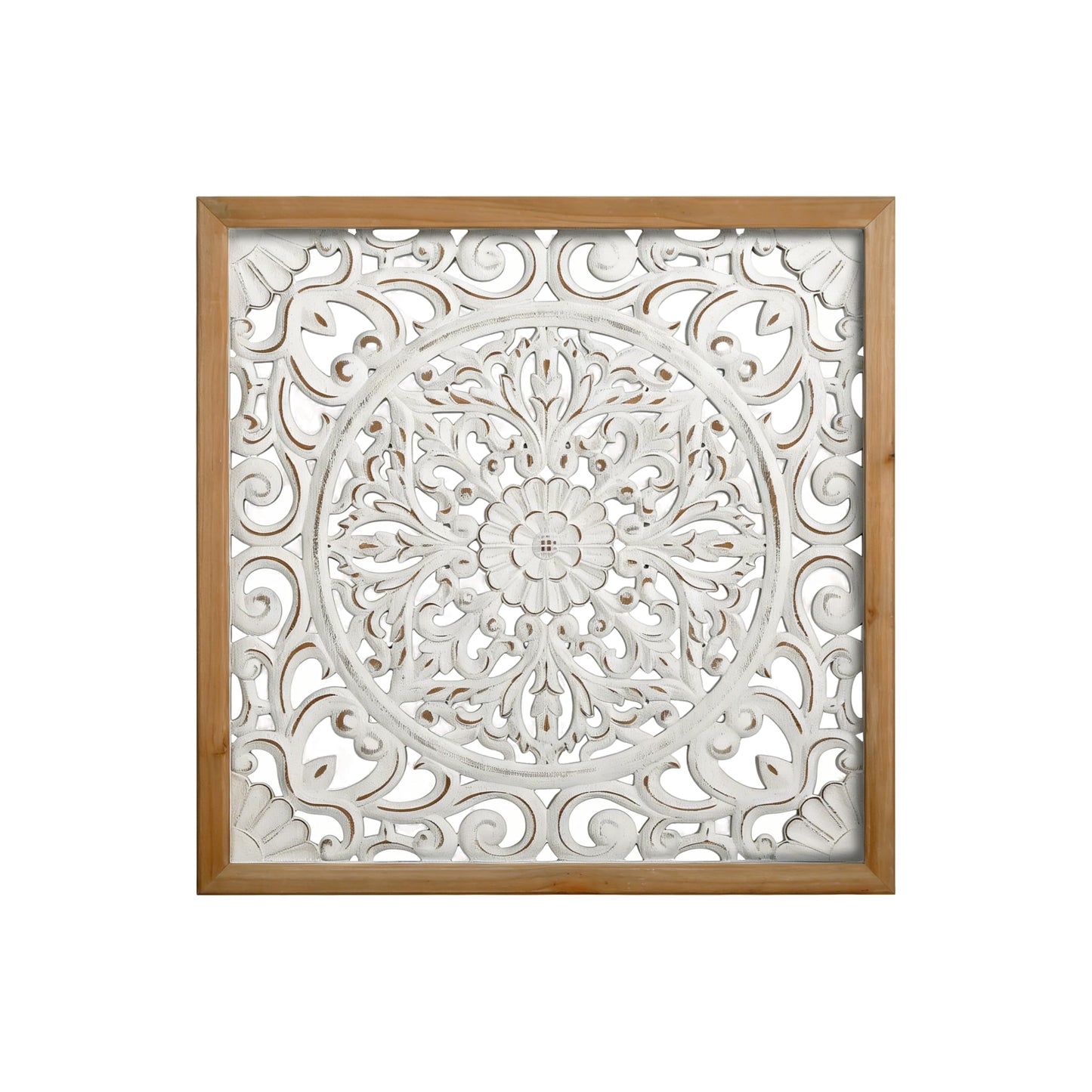 XIAOAIKA Boho Carved Wood Wall Sculpture, Intricate Floral Mandala Design with Distressed White Finish, Vintage Farmhouse Wall Art Panel with Solid Wood Frame for Bedroom Entryway (22.5" x 22.5")