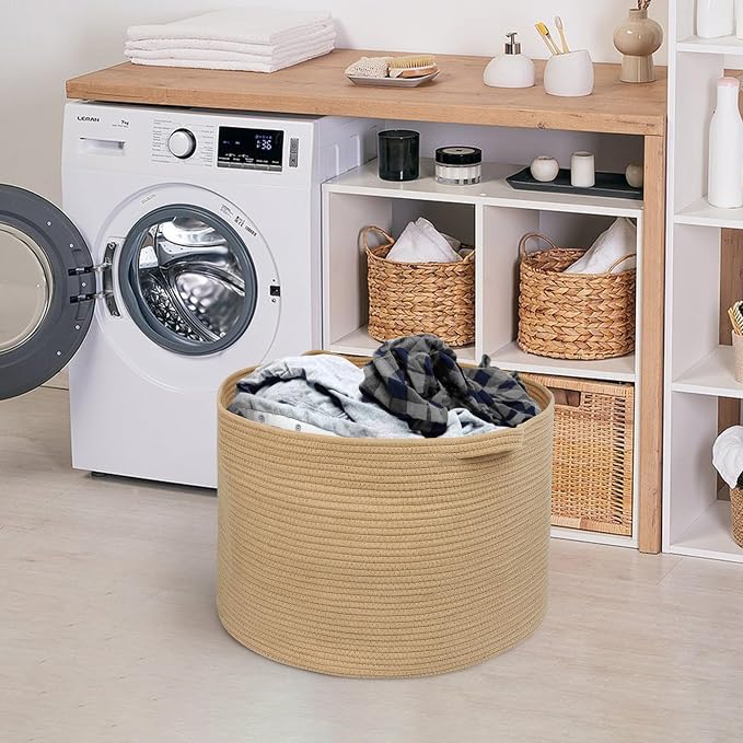 MEGASKET Extra Large Storage Basket, 22" X 22" X 14" Stuffed Animal Basket for Living Room Kids Room, Soft Cotton Rope Bin With Handle, Throw Blanket Storage, Stuffed Animal Toy Organizer Box