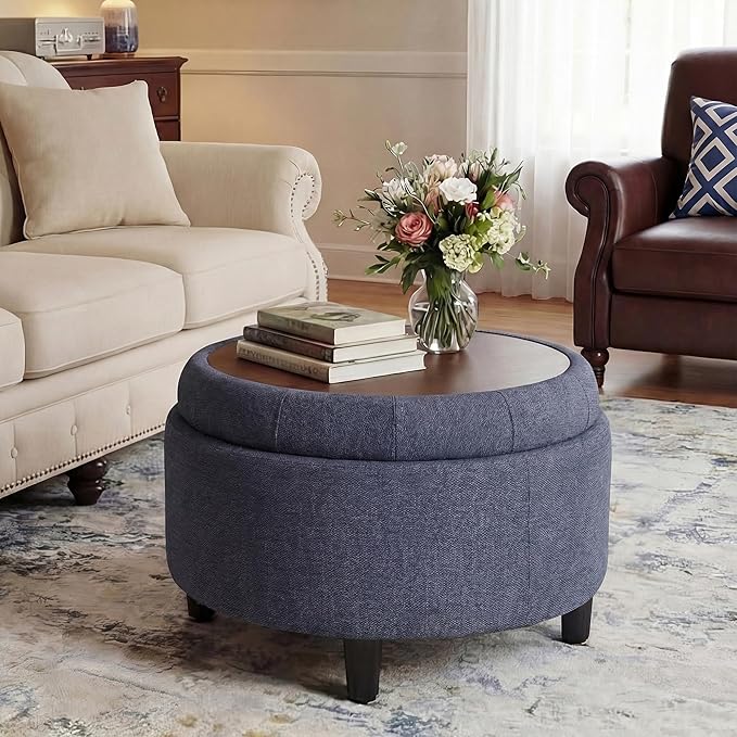 COLAMY Fabric Round Storage Ottoman with Reversible Tray Lid – Multi-Functional Footrest, Hidden Storage, Sturdy & Stylish Small Coffee Table for Living Room, Bedroom, or Entryway(Blue)