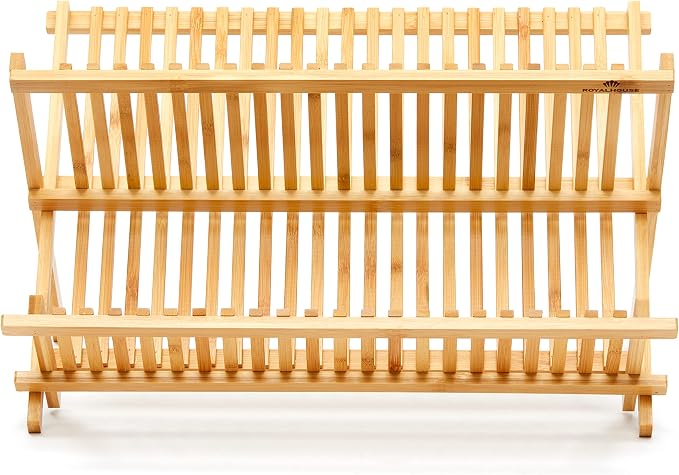 RoyalHouse Premium Natural Bamboo Dish Rack, Collapsible Dish Drainer, Foldable and Compact Dish Drying Rack for Kitchen Counter