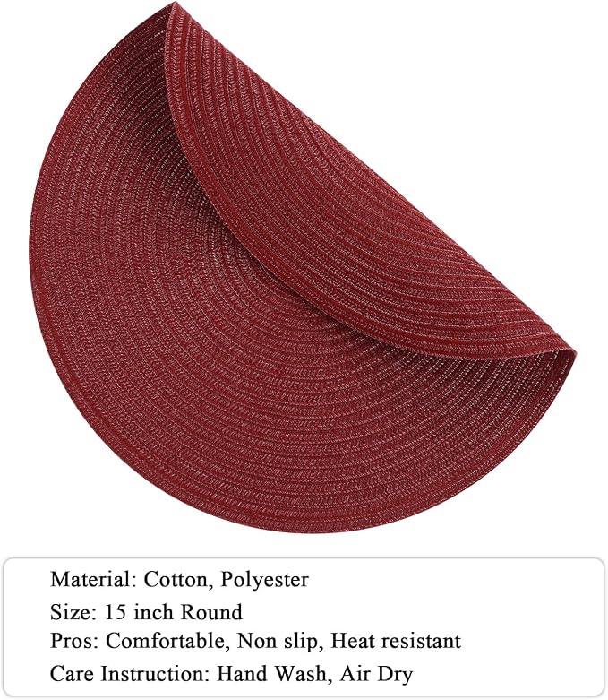 SHACOS Round Placemats Set of 4 for Dining Table 15 inch Round Braided Place Mats Washable Non Slip Kitchen Table Mats, Burgundy
