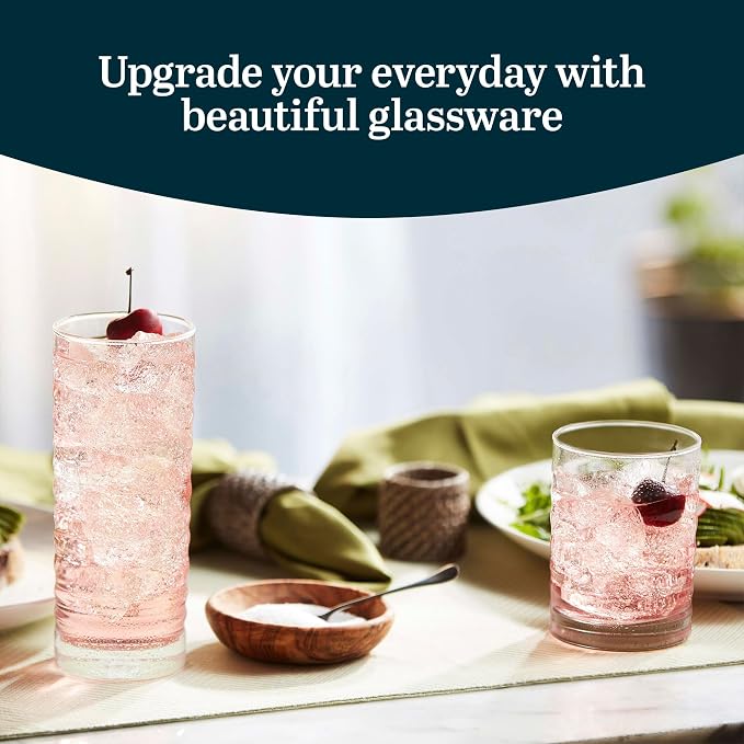 Libbey Pueblo Tumblers and Rocks Glass Cups Set, Wavy and Groovy Drinking Glasses Set of 16, Dishwasher Safe Modern Glassware for Everyday Use