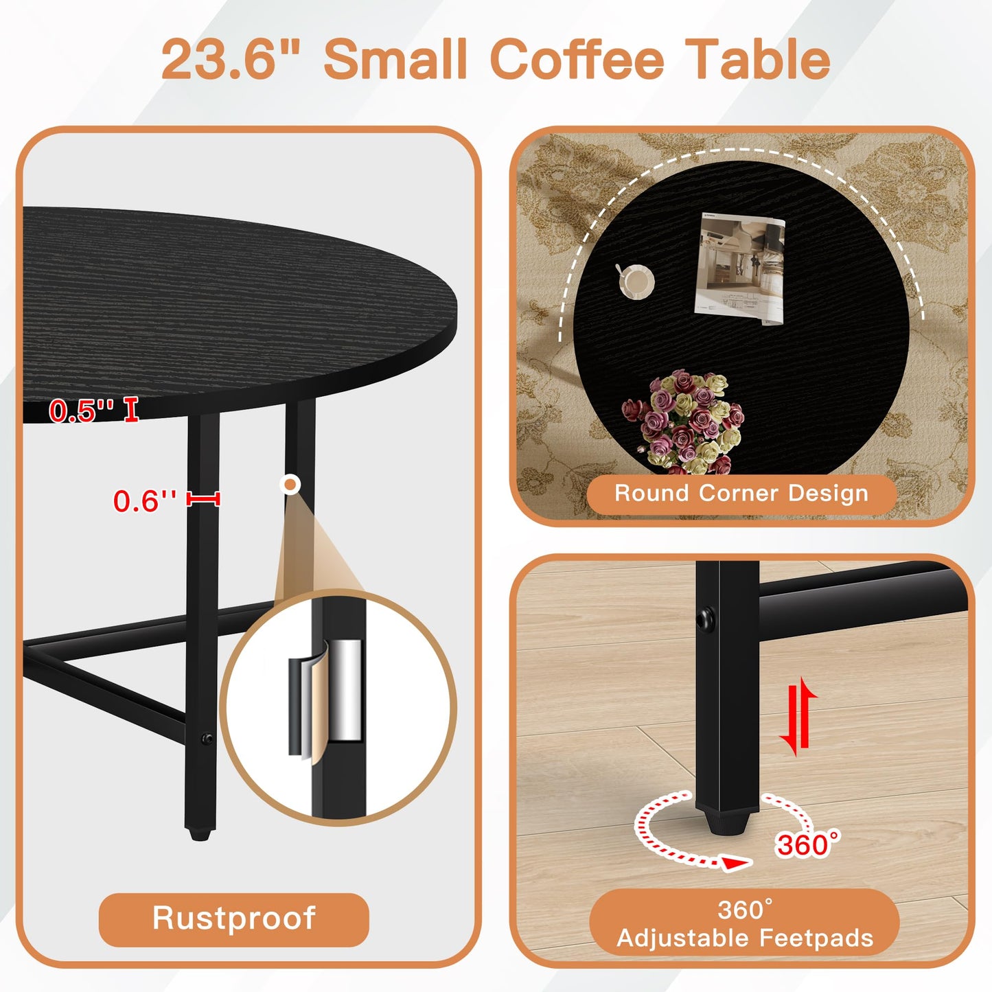 FAMIDGE Coffee Table, 23.6" Coffee Tables for Living Room, Round Coffee Table with Metal Frame, Floor Table for Sitting on The Floor, Home, Office, Black