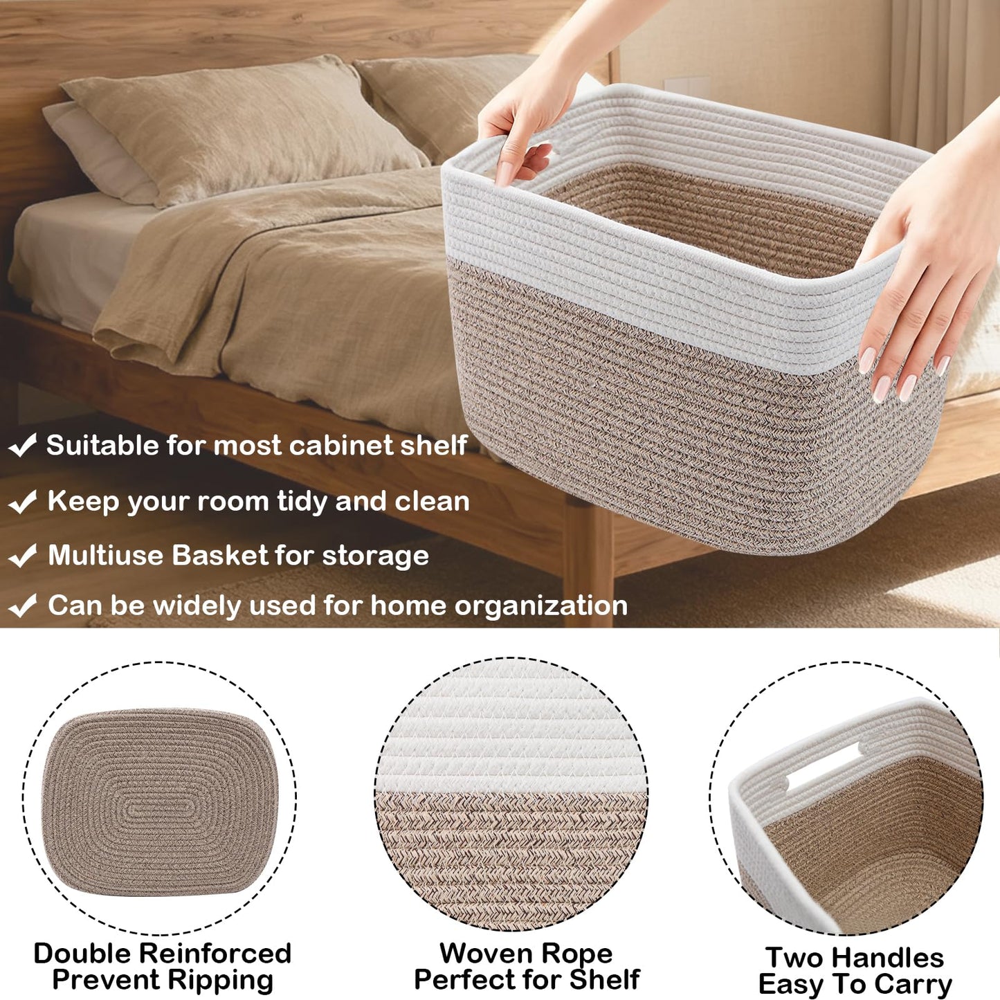 HZFTJOY 3 Pack Woven Rope Storage Baskets for Shelves,13.5"×11"×9.5" Storage Bins with Handles,Empty Gift Baskets,Nursery Organizer for Toys,Towels,Books,Closet,Living Room,Bedroom (White & Brown)