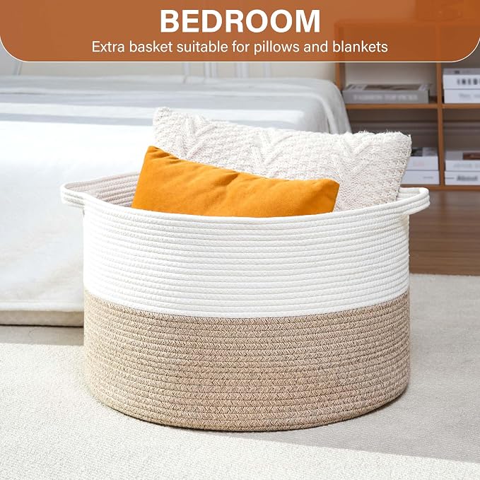 Foldable Laundry Hamper Basket with Collapsible Handle Cotton Rope Soft Woven Fabric Storage Organizer Clothes Toys Nursery Bedroom Dorm Space Saving Bin (White & Brown, 80L(21.7"D x 13.8"H))