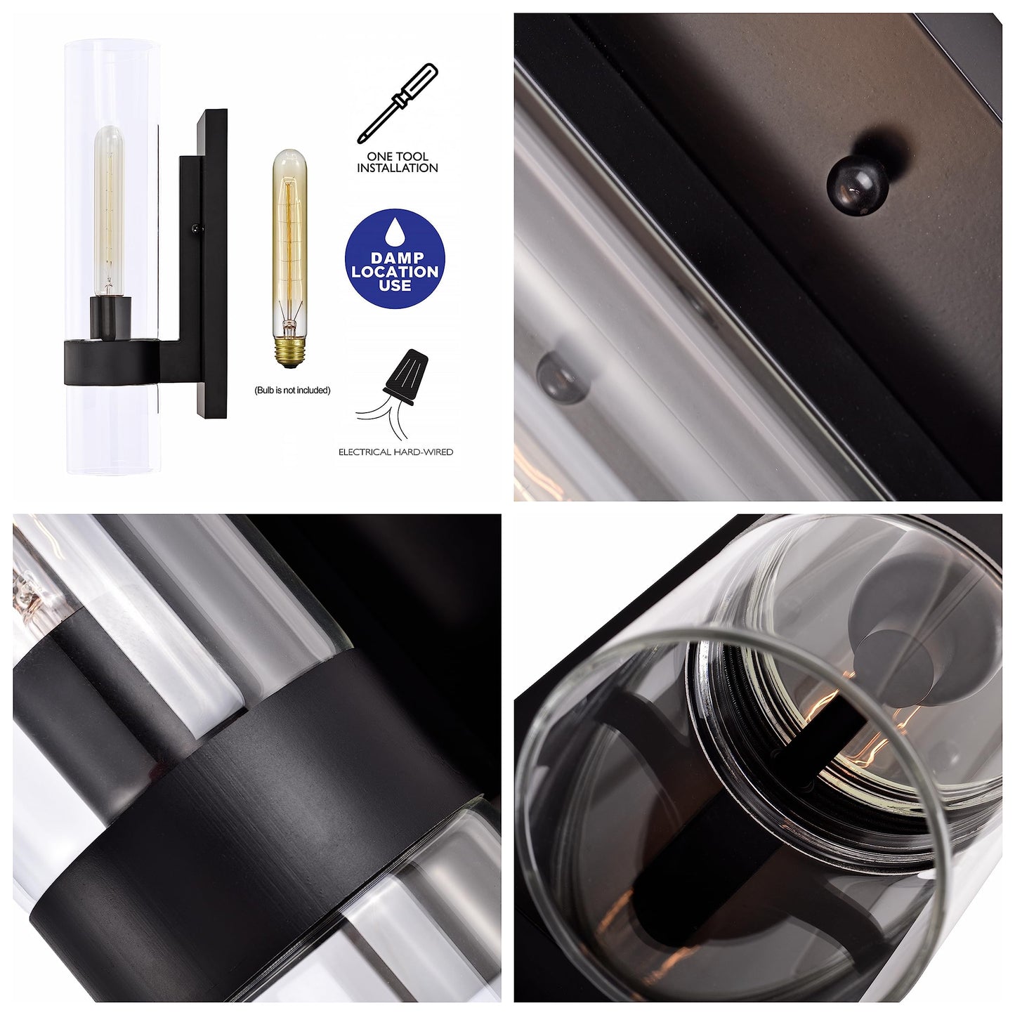 Hyperion house Indoor Wall Sconces Set of Two, Modern Black Bathroom Sconces Wall Decor with Cylinder Glass, Wall Lamps for Bedroom Hallway Vanity Kitchen Lighting Fixtures Set of 2