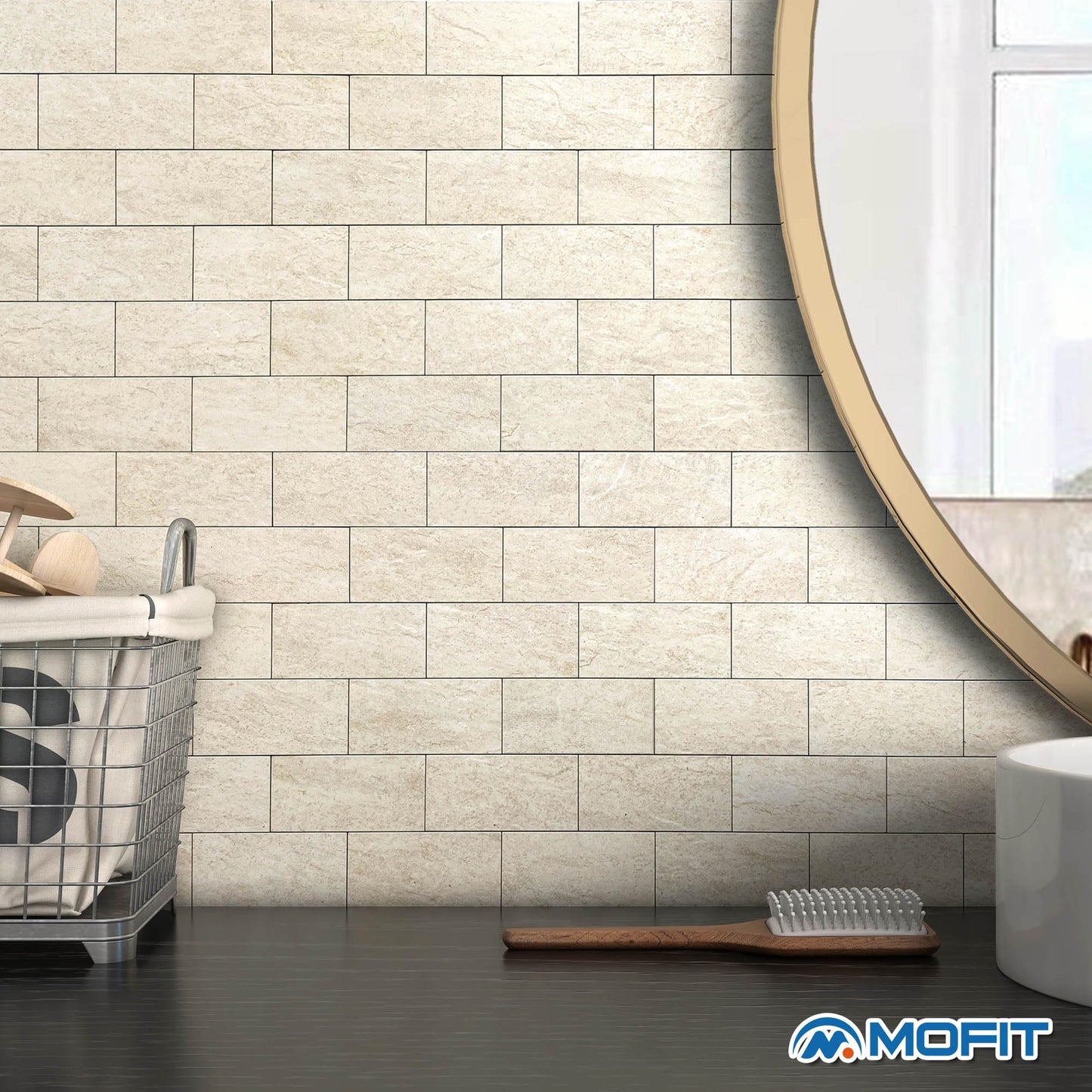M MOFIT Stone Backsplash Peel and Stick Tiles Matte,Adhesive Mosaic Subway Tiles Waterproof Wall Tile Stickers for Bathroom Shower(Beige,10PCS)
