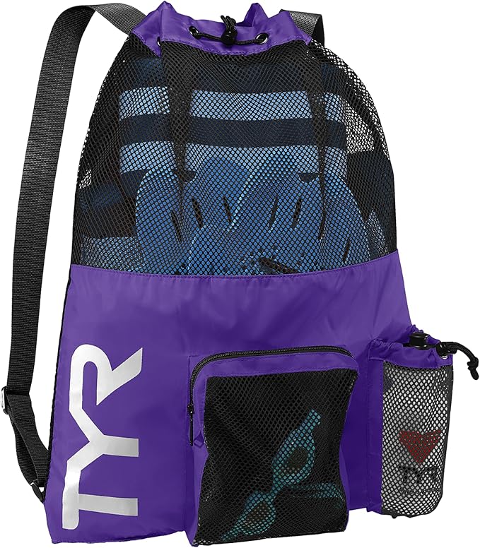 TYR Big Mesh Mummy Backpack for Swim, Gym and Workout Gear, Black, 40-Liter Capacity