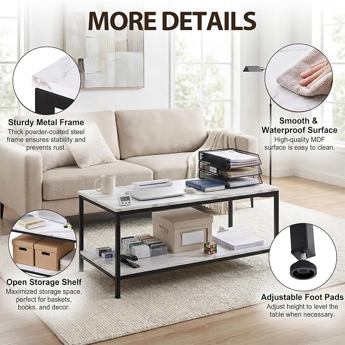 SUPER DEAL 2-Tier Coffee Table with Storage Shelf for Small Apartment Living Room, Rectangle Wood and Stable Metal TV Stand Side End Table, White Marble