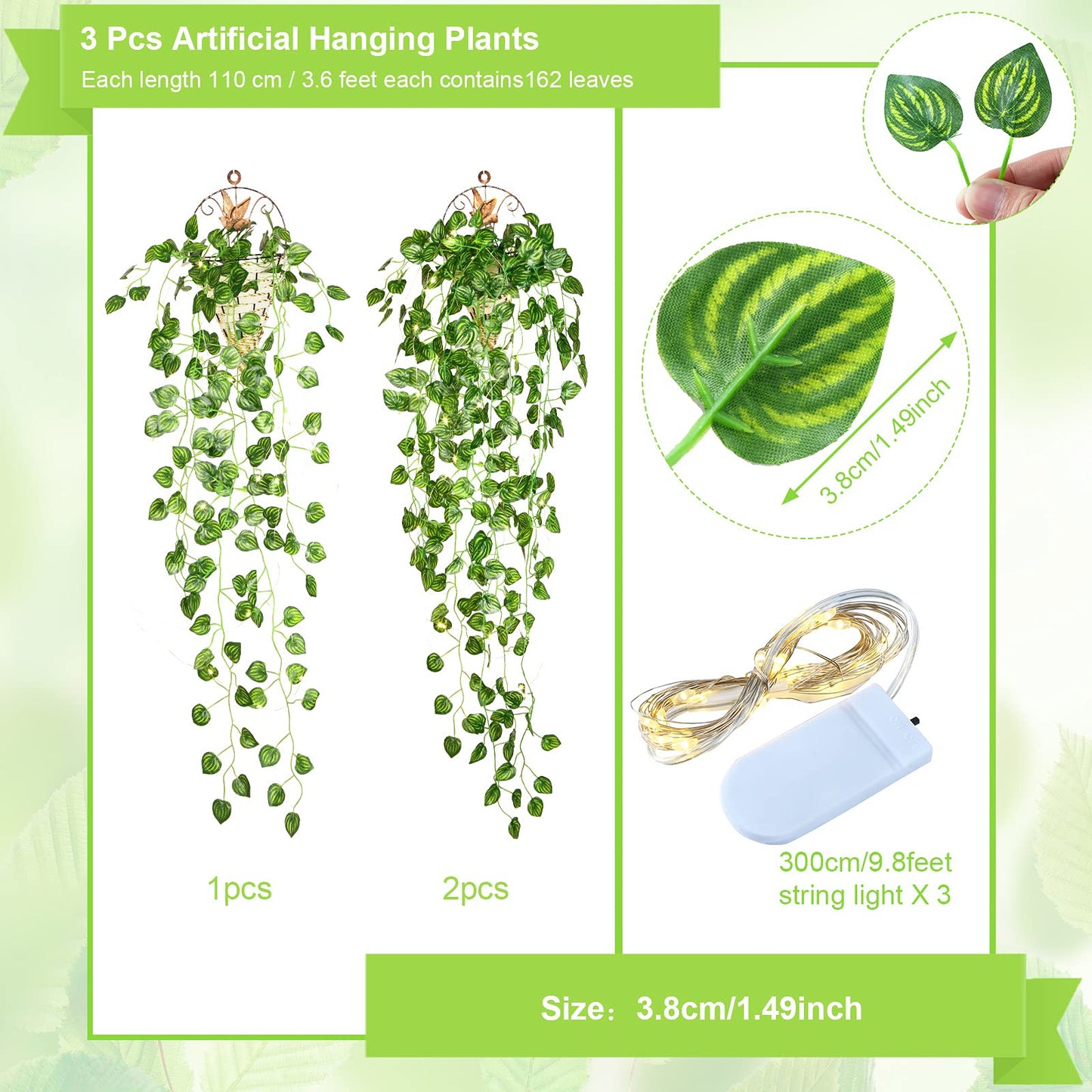 3 Packs LED Artificial Hanging Plants, 3.6 ft Fake Hanging Plant, Ivy Vine Fake Leaves Greeny Chain Wall Home Room Garden Wedding Garland Outside Decor (Basket Not Included) (Watermelon Leaves Style)