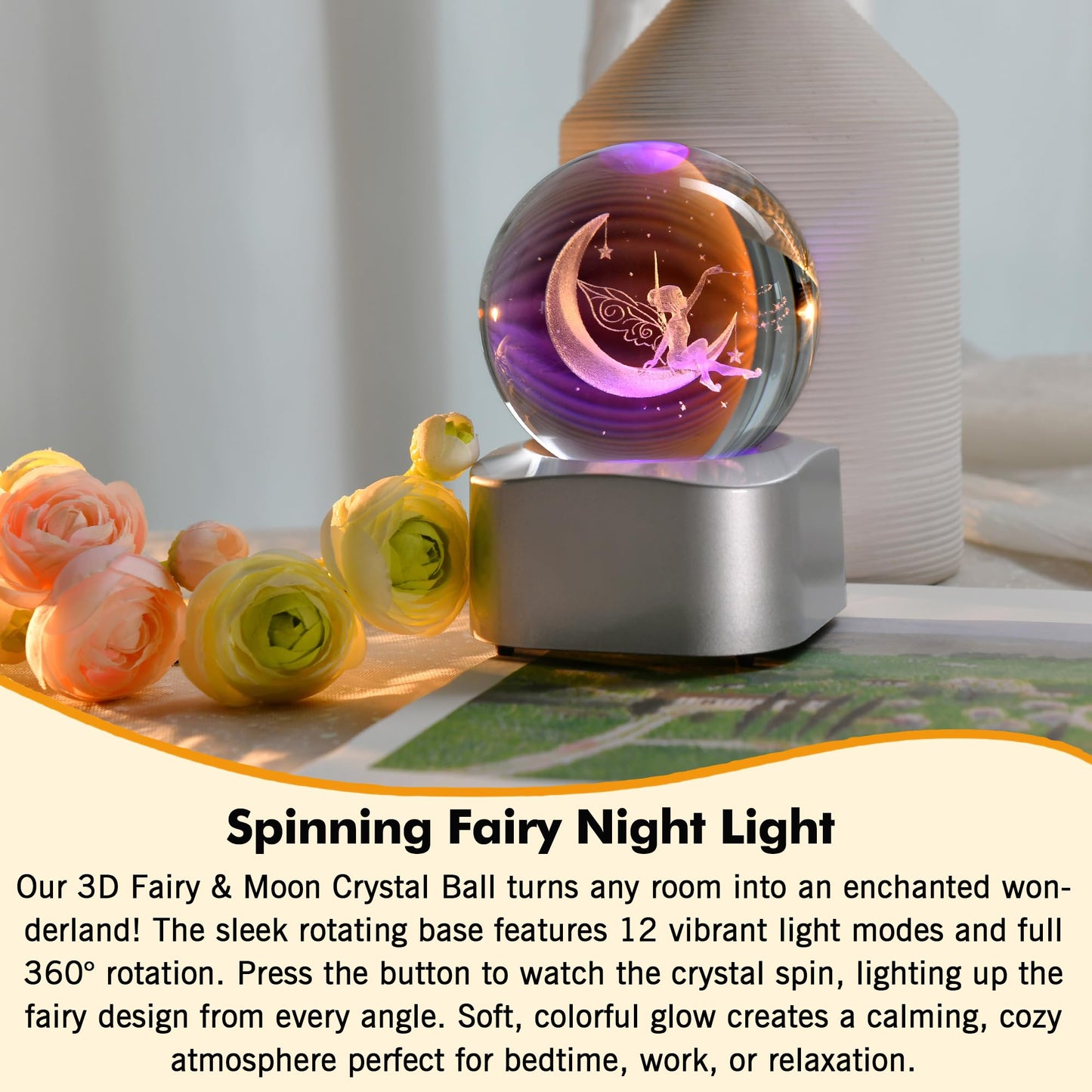 IFOLAINA 3D Fairy Crystal Ball with Rotating Lighted Stand Moon Fairy Glass Ball Decorative Globes Crystal Fairy Sphere Gifts for Girl Her Fairy Lover Birthday Gifts for Daughters