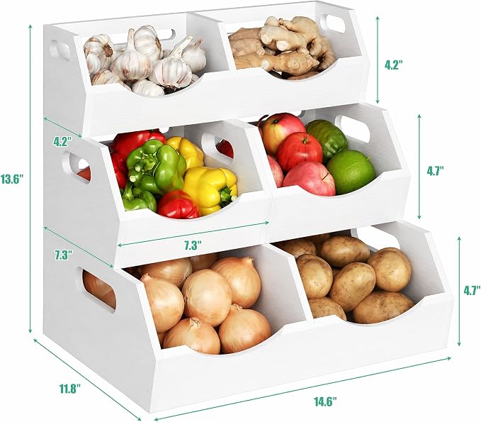Potato and Onion Storage Bin, 3 Tier Bamboo Kitchen Storage Rack, Stackable Ventilated Pantry Organizer with Handles for Garlic Peppers Vegetables, Countertop Produce Bins, White(Assembly Required)