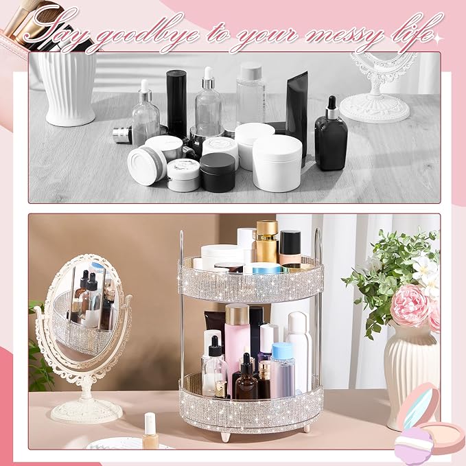 Honeydak 360 Rotating Perfume Organizer Gift for Women, Rhinestone Preppy Skincare Organizer Bathroom Counter Makeup Holder Skincare and Perfume Storage for Cosmetic(2 Tiers,Rhinestone,White)