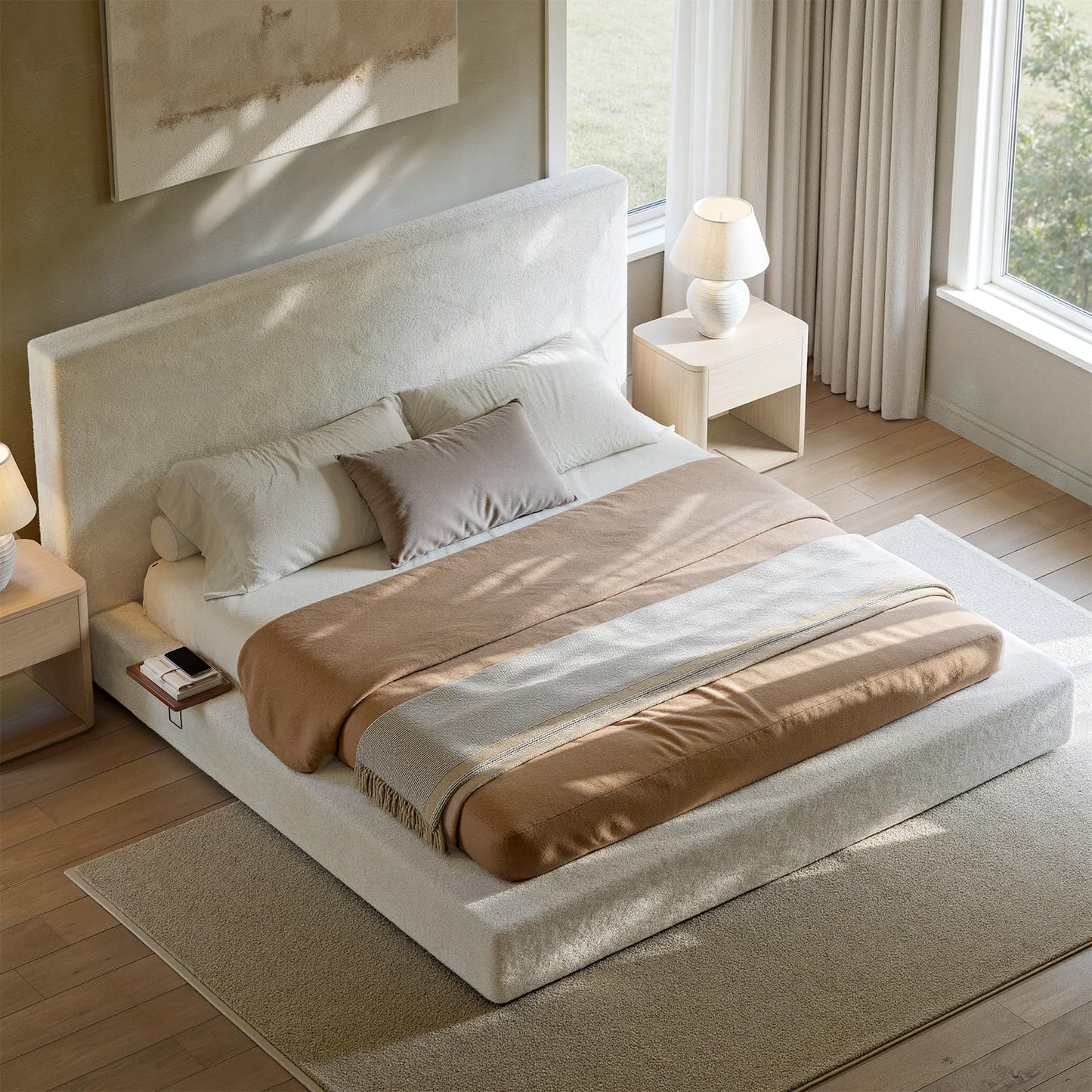 Evermagin White King Upholstered Bed Frame with Headboard,Soft Frame Cloud Bed with Adjust 2 Bedside Table,Modern Platform Cushion Bed Frame for Bedroom,No Box Spring Required, Easy Assembly