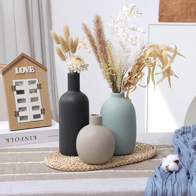 Ceramic Vase Set of 3, Large Neutral Rustic Vases for Farmhouse Decor, Pampas Grass & Dried Flowers and Table Living Room Home Decor