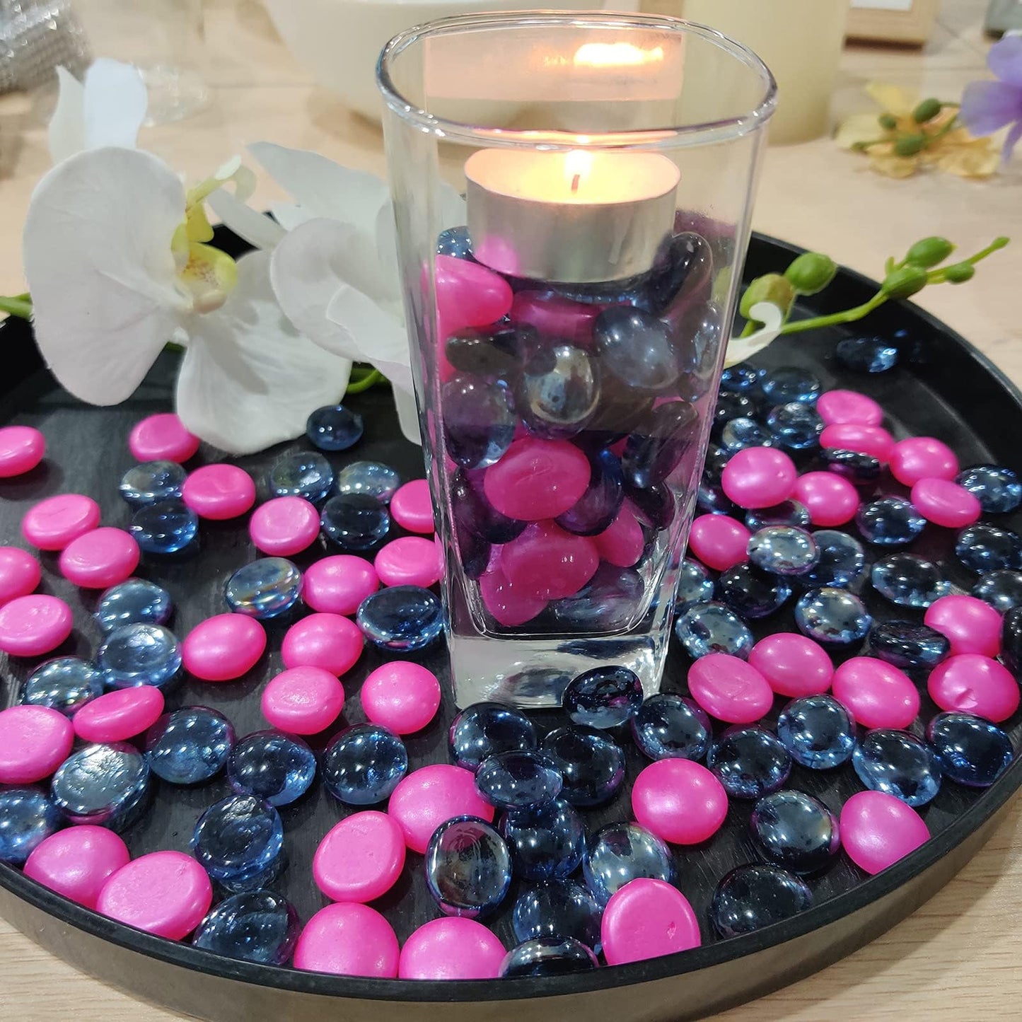 HappyFiller Flat Glass Marbles Grey Blue Gems 1 LB Approx 100 PC Fill 0.3 L Vol.Aquarium Pebbles,Fire Drop Beads,Vase Filler,Art Crafts,Candle Holder Decor Stone