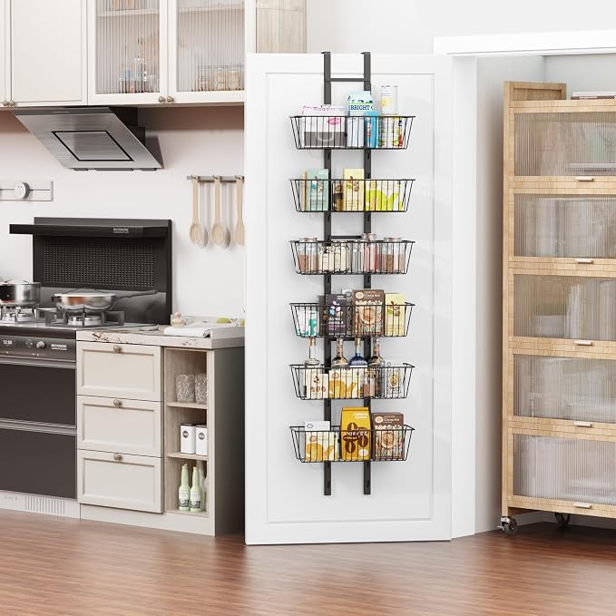 6-Tier Over The Door Pantry Organizer, Metal Hanging Storage Shelf Spice Rack with Adjustable 6 Baskets, Space-Saving Behind Door Organizer for Kitchen, Bathroom, Laundry Room, Black