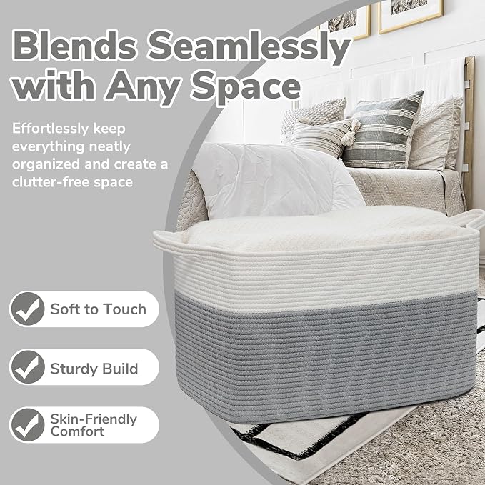 Goodpick Large Blanket Storage Baskets for Organizing, Woven Basket for Blankets, Clothes, Toy Basket Storage Kids, Rectangle Rope Baskets for Storage, 23.6" x 15.7" x 13.8"