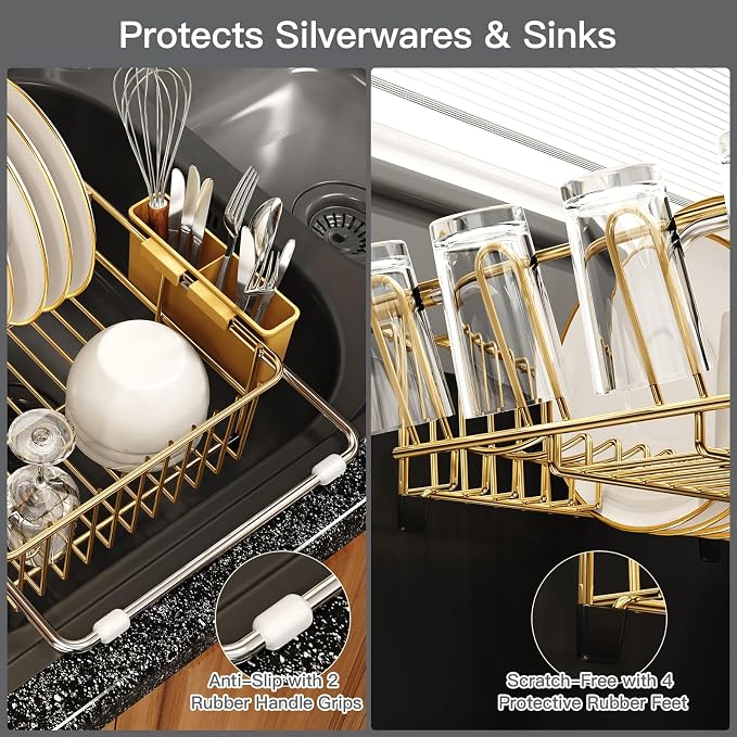 MAJALiS Gold Dish Drying Rack Over The Sink with Utensil Holder, Mat | Expandable Stainless Steel Dish Drainer for Small Kitchen, Apartment, RV, Counter Space Saving, Perfect Fit, Rustproof
