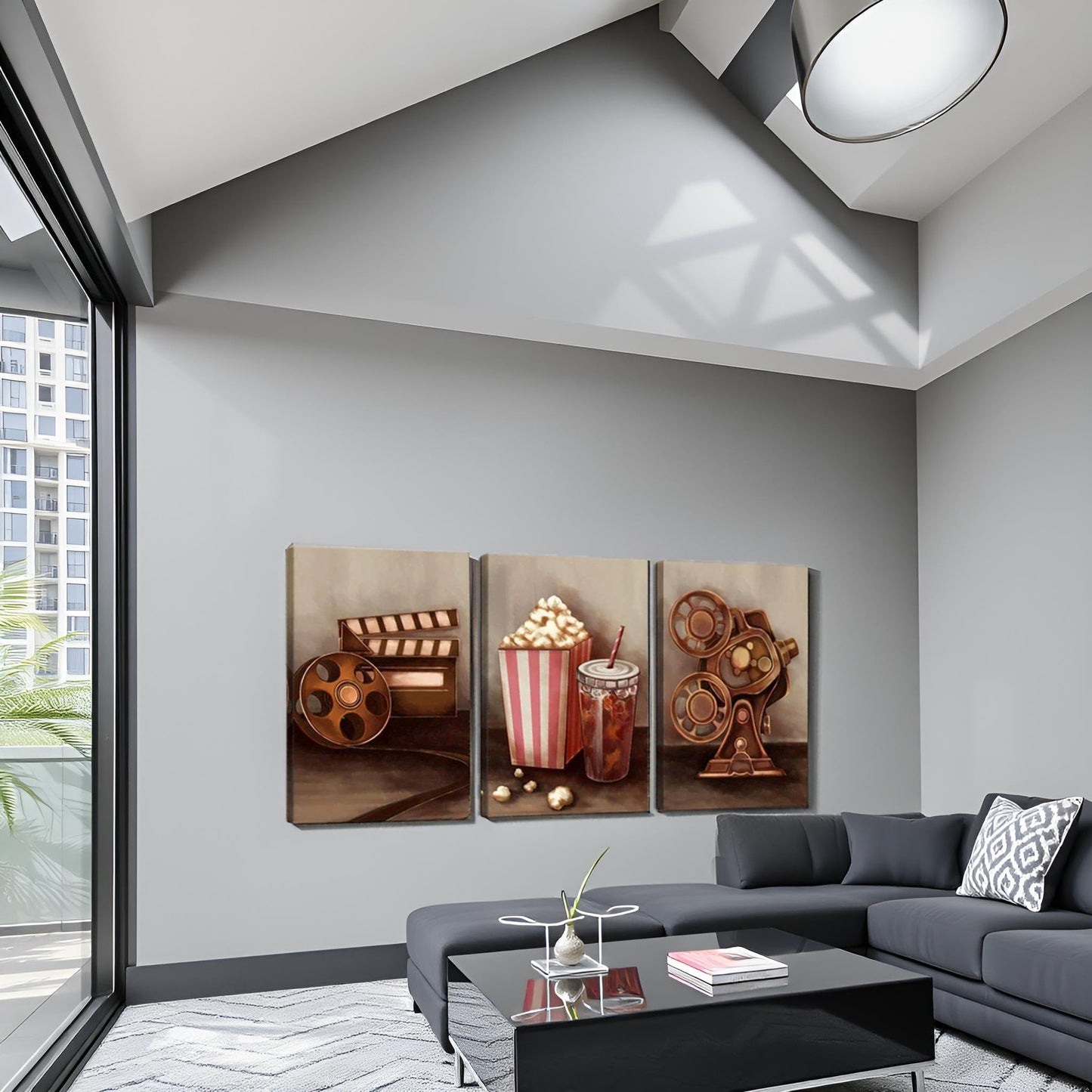 sechars - Extra Large 3 Piece Painting Wall Art Film Reels Popcorn Filmmaking Canvas Art Modern Movie Theater Media Room Decor (24x36inchesx3pcs)