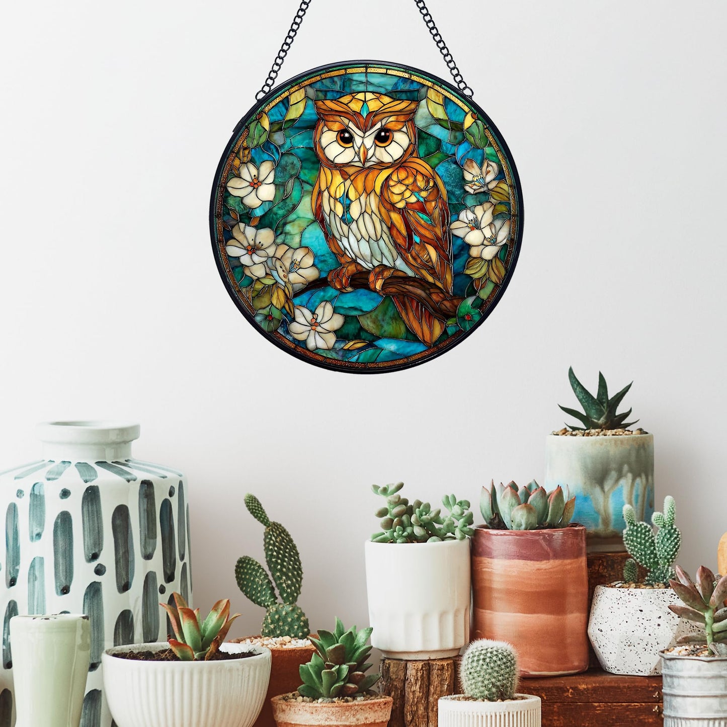 Yjeslw Owl Bird Stained Glass Window Hanging Suncatchers, Owl Flower Sun Catchers Indoor Window Glass Wall Art Decor, Bird Wall Hanging Decorations Sculptures, 7.9x7.9in
