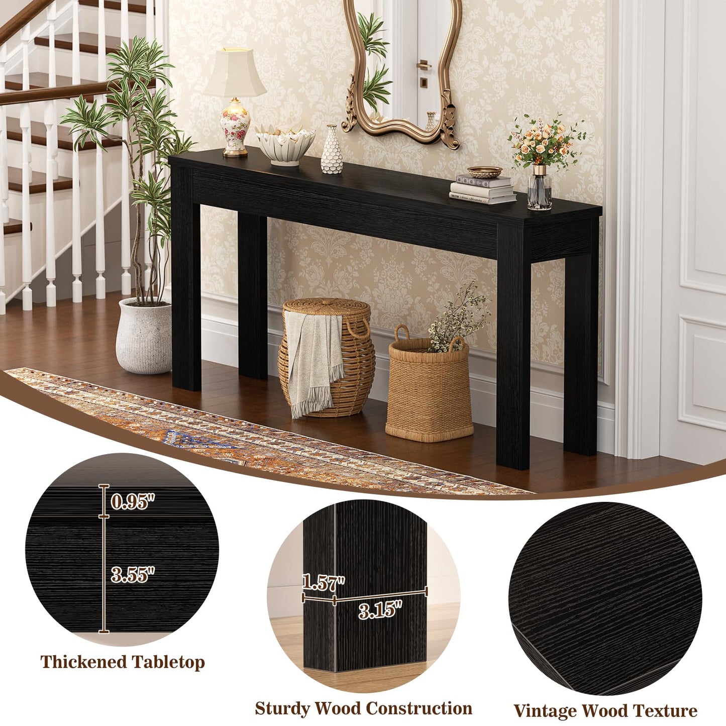 Armocity Console Table, 47" Farmhouse Wood Entryway Table, Sofa Tables Narrow Long Behind Couch, Entry Table for Entrance, Hallway, Living Room, Embossed Black