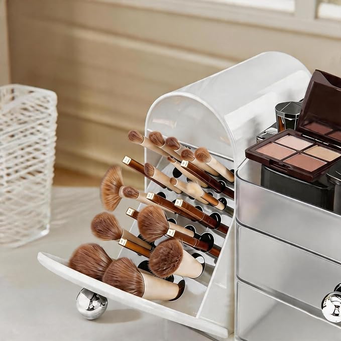 Makeup Organizer with Makeup Brush Holder, Cosmetic Organizer with 2 Drawer for Lipsticks, Perfumes, Eyeshadow Palettes and Nail Polishes (White)