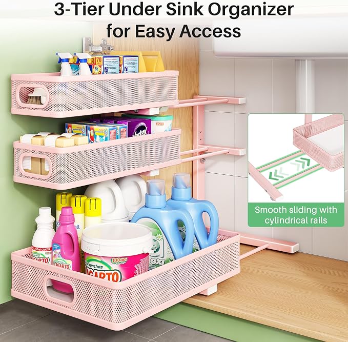Kitstorack Under Sink Organizer, 1-Pack 3-Tier Height Adjustable Thickened Metal Pull out Cabinet Organizer Shelf, Slide out Storage Drawer Rack for Bathroom Kitchen Pantry Home Organization, Pink
