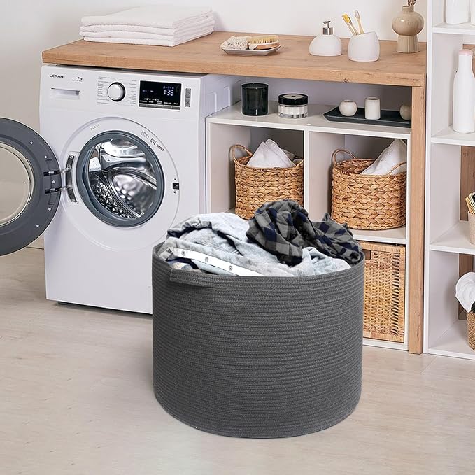MEGASKET Large Dark Grey Storage Basket, Woven Cotton Rope Baskets for Storage, Big Blanket Organizer Storage Basket for Living Room, Kids Room Toy Storage Organizer Box, Blanket Keeper (22"x14")