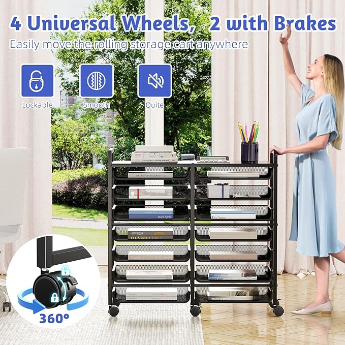 Simple Trending 15-Tier Rolling File Cart, Desk File Organizer with 14 Mesh Sliding Trays, Letter & Legal Paper Storage Rolling Utility Cart for Office Home School, Black