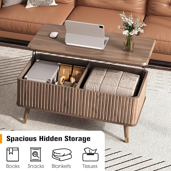 JOINICE Lift Top Coffee Table with Storage, Mid Century Modern Fluted Wood Design,Pop-Up Walnut Center Table with Hidden Compartment for Living Room & Home Office Work/Dining