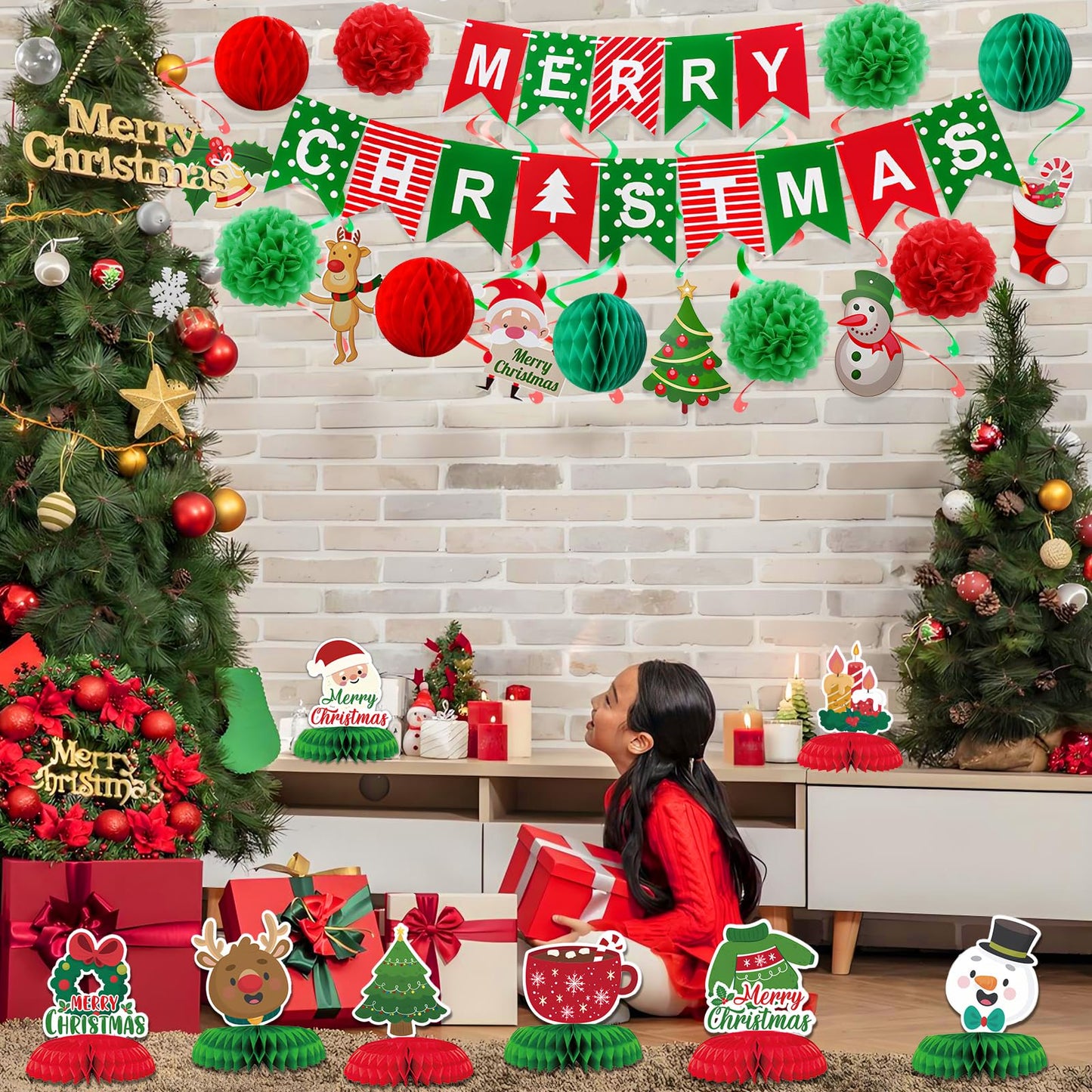 KUANINUNAR Merry Christmas Party Decoration Banner Set Paper Fan Flower Xmas Bunting ,Swirls Streamers Christmas Tree Xmas Stocking Santa Table Decorations